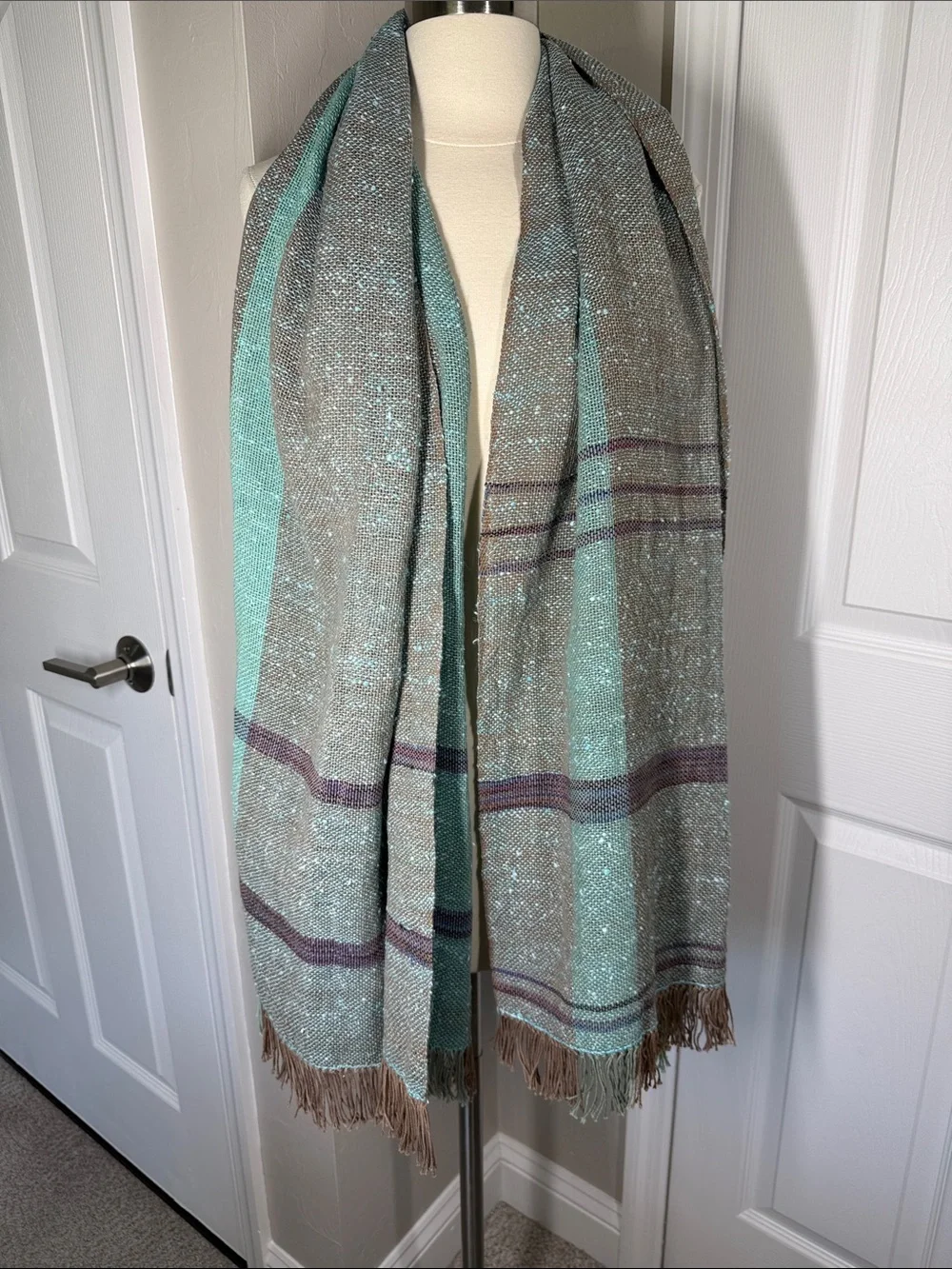 Kathleen Carleton woven scarf/shawl turquoise and brown